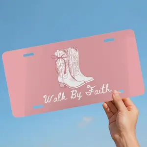 Walk By Faith Pink Western License Plate, Christian Car Accessory