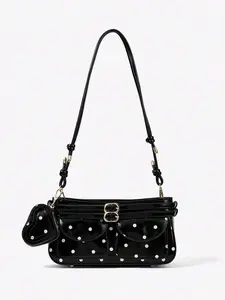 Minimalist style fashionable retro texture polka dot underarm bag, Crossbody Shoulder Bag, heart pendant decoration, dual pocket design, adjustable shoulder strap, cool and exquisite style, preferred accessory for daily travel and dates