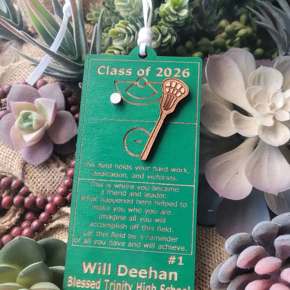 Personalized Wooden Lacrosse Ball Motif Engraved Senior Graduation Ornament - Customizable Made-to-Order Grad Party Decor Accessory, Festive Home Supply for Senior Status, Attach to Equipment