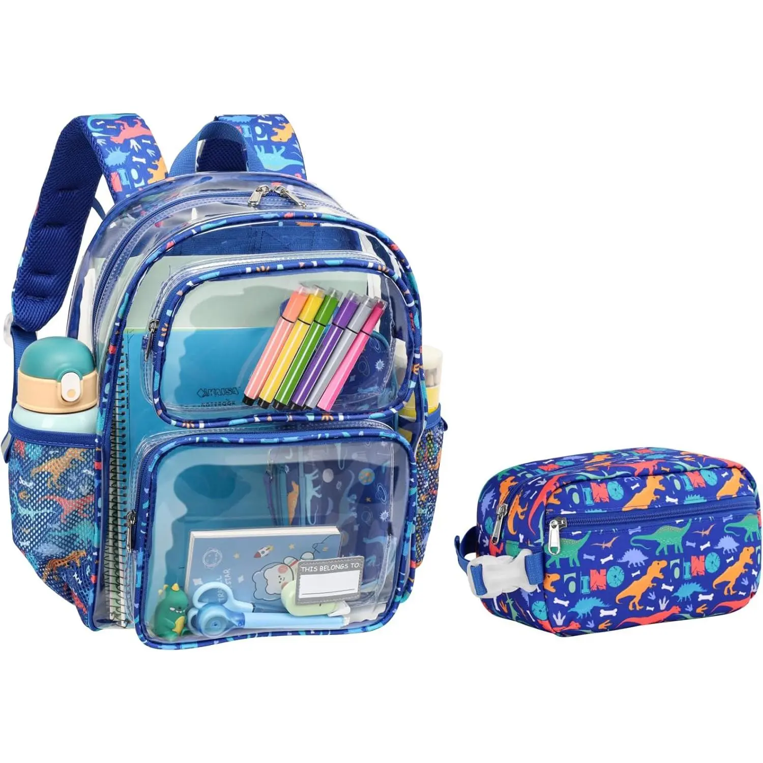 2 count Clear Backpack Set for Boys, 15 Inch Transparent Bookbag with Matching Snack Bag, School  to 2nd Grade, Heavy Duty PVC, Blue Dinosaur