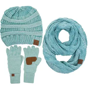 C.C 3pcs classic solid color Warm Soft Stretch cable knit beanie, glove and scarf set Winter