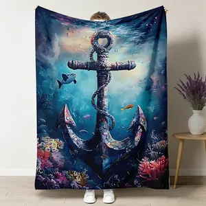Anchor Flannel Throw Blanket, Vintage Nautical Ocean Coral Fish Watercolor Pattern Soft Warm Cozy Nap Blanket for Couch Bed Sofa, Coastal Gift for Sailor Him Her, Birthday Christmas Holiday Housewarming Gift