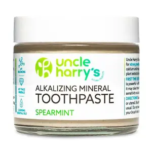 Uncle Harry's Alkalizing Mineral Toothpaste Spearmint 3 oz Glass Jar - Gluten Free, Vegan, No Fluoride, Glycerin, or Sweeteners - Natural Ingredients for Strong Teeth and Fresh Breath