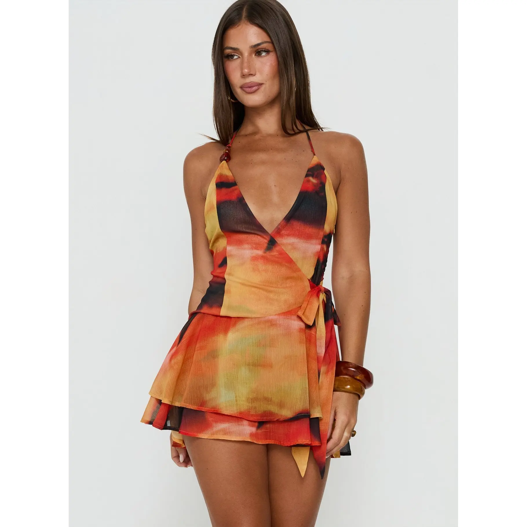 Two Tides Halter Wrap Mini Dress Sunset