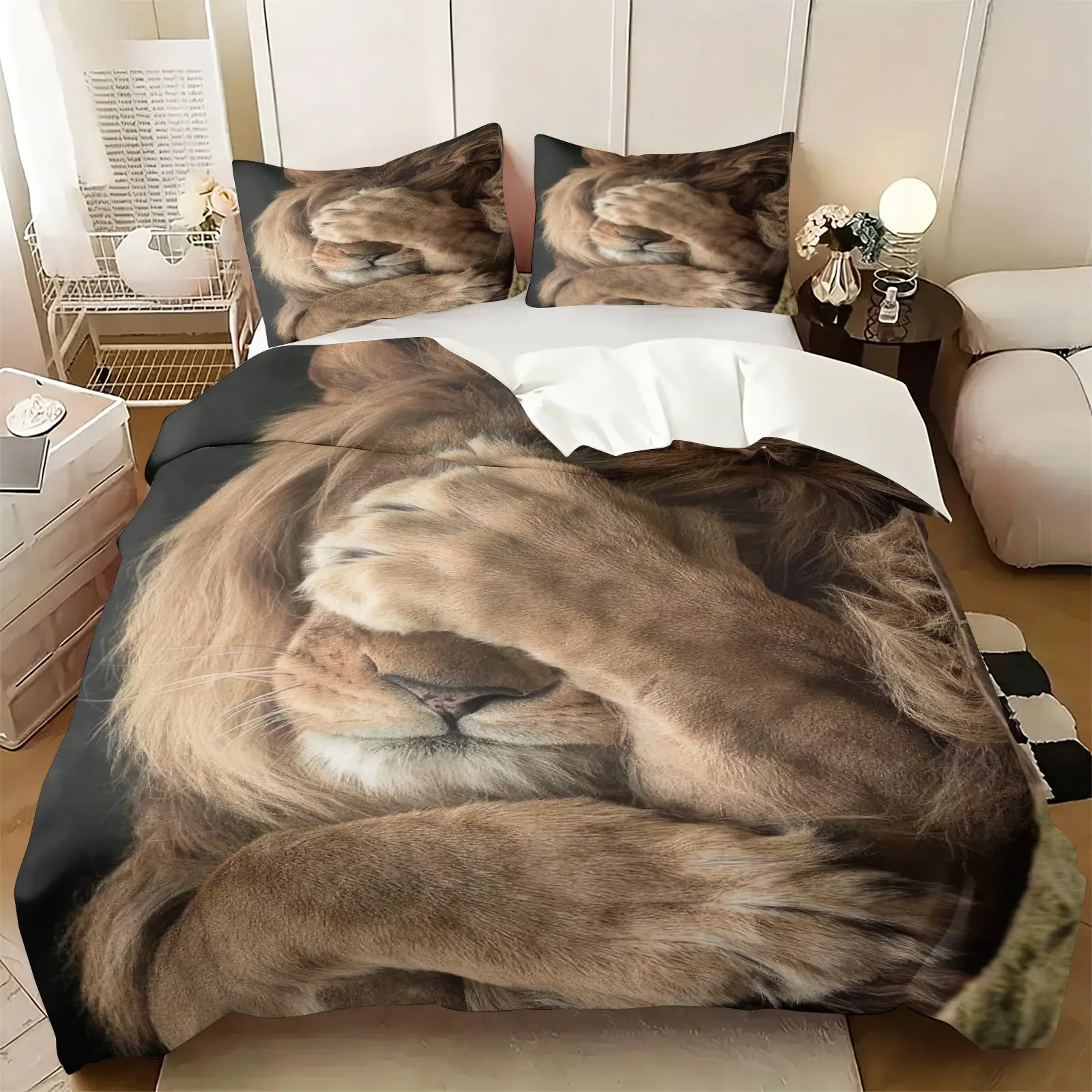 2/3 Piece Wild Animal Series Printed Duvet Cover Set, Grassland Overlord Lion Pattern Bedding Set, Bedroom Decoration Domineering Luxury Soft and Comfortable, Including 1 Duvet Cover and 1/2 Pillowcase（No Fill）