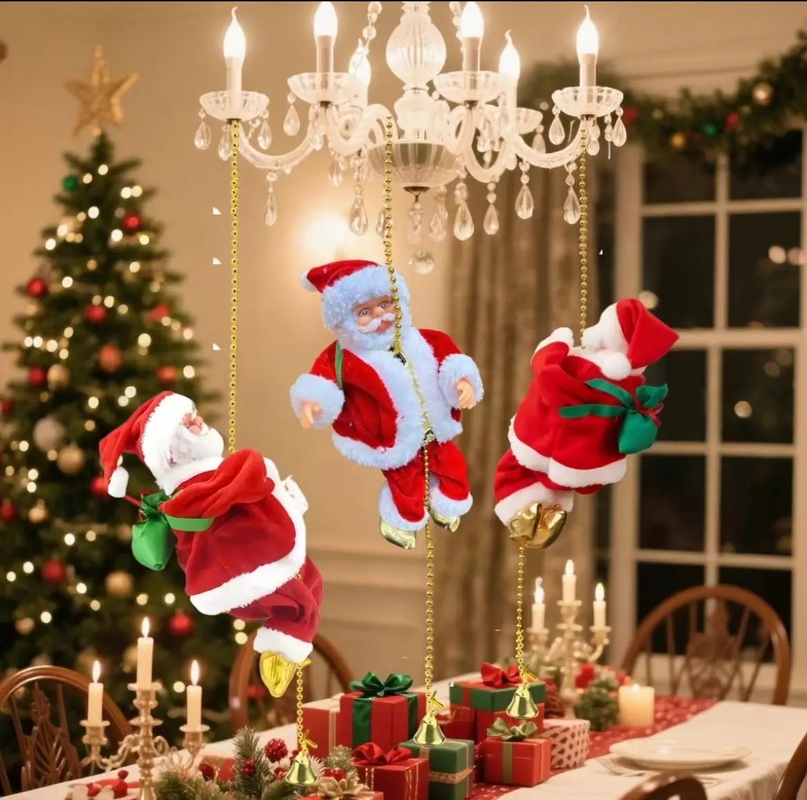 Animated Motorized Climbing Santa with Rope Ladder, Musical Plastic Christmas Ornament - Festive Home Party Decor, Holiday Decorating for Door & Wall, Ideal Gift for Kids Families