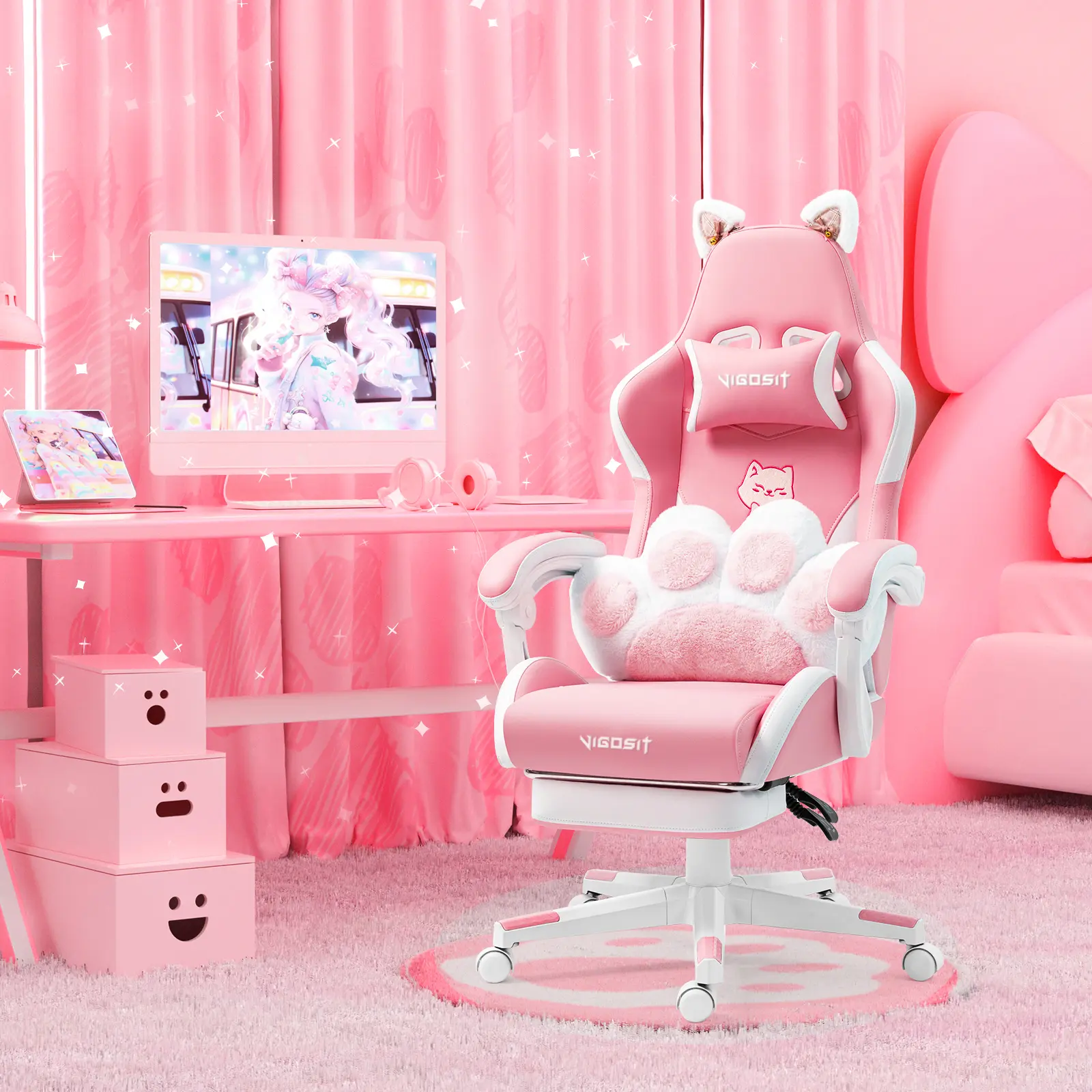 Pink Cat Ears PU Leather Ergonomic Gaming Recliner Chair with Adjustable Arms, 6-Position Recline, 360° Swivel, Footrest, 310lb Weight Capacity, Multi-Use for Gaming & Office, Recliner Swivel, Easy