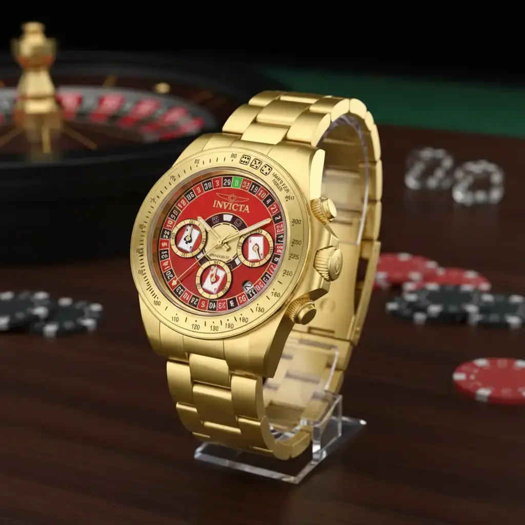 Invicta Speedway 39.5mm Men's Gold Tone Stainless Steel Watch - Orange Red Dial, Ace Playing Card Sub-Dials, Dice Bezel, Tachymeter, Japanese Quartz VD53 Chronograph, 200m Dive Water Resistant, Casino Theme Collector, Gold Amber, Self-Luminous, Gold Amber