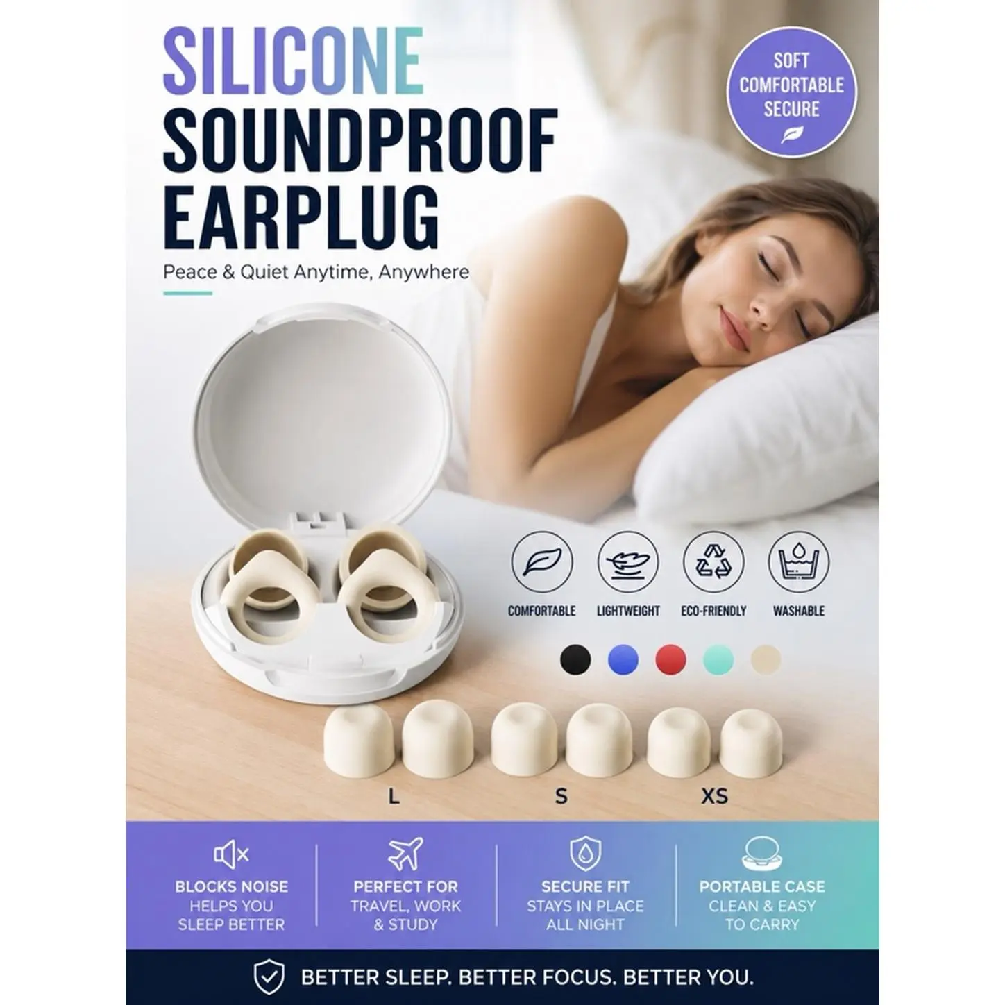 Silicone Soundproof Earplug - Soft Comfortable Secure - Blocks Noise for Better Sleep & Focus - Eco-Friendly & Washable - Perfect for Travel Work Study