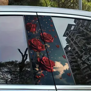 Rose Promise Red Rose Car Pillar Decorative Sticker, Romantic Healing Series Car Body Beautification Sticker, Weather-resistant and Fadeless Window Sticker