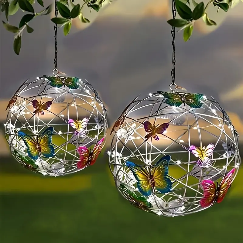 2pcs Solar-Powered Butterfly Ball Lantern, Outdoor Hanging LED Light, Plastic Solar Charging, 600mAh Nickel Battery, No Remote Control, Non-Removable Photovoltaic, Decorative Garden Light, Solar Landscape Lights, Yard Lighting