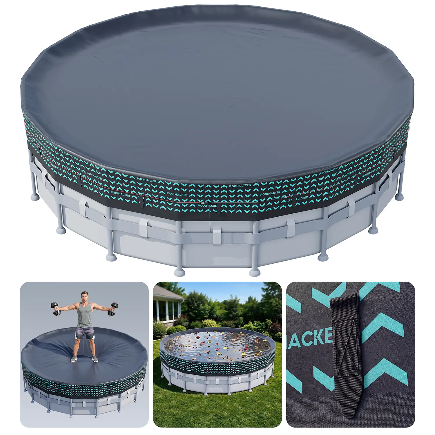 POOLHACKER 550D Pool Cover 12FT/15FT/18FT/21FT/24FT Round for Above Ground Pools,Heavy-Duty Oxford Fabric,Windproof Swimming Pool Cover with Steel Cable & Pulley Tightening System,Fits Metal Frame Pools, UV Resistant