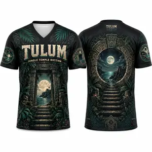 2026 Tulum Jungle Temple V-Neck Graphic Shirt, Moonlit Ruins Short Sleeve Sports Top, Tropical Mayan-Inspired Cultural Shirt for Men