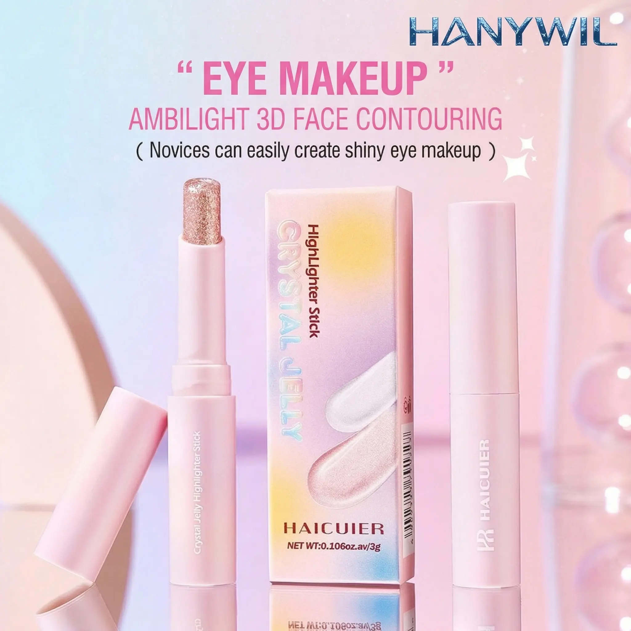 HANYWIL Shimmer Makeup Stick, 3-in-1 Crystal Jelly Blush Highlighter and Eyeshadow, Dual-Use Lip & Cheek Tint, Ultra-Shiny Pearlescent Blendable Glow