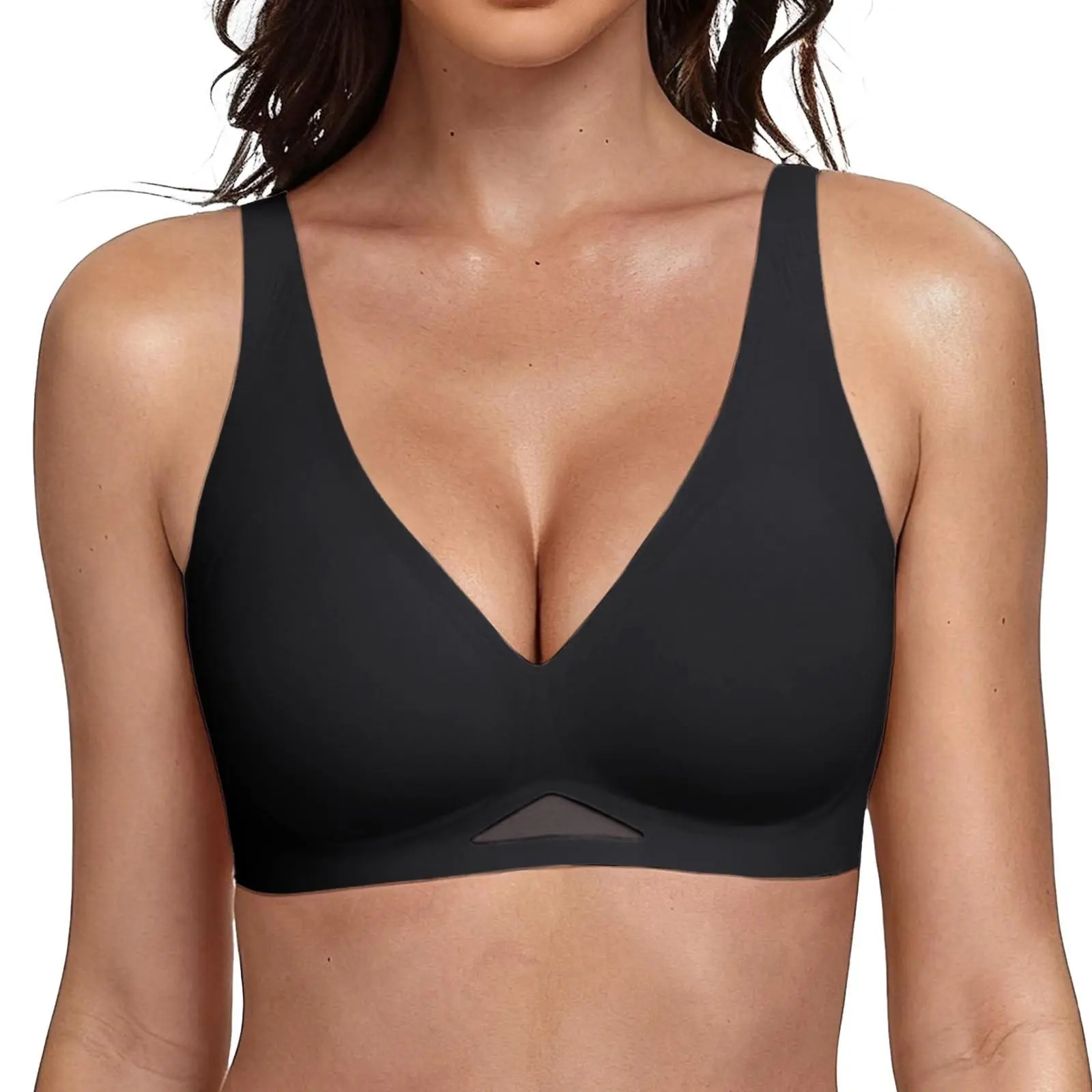 Showyoo Womens Deep V Bras Wireless Comfortable Bra No Underwire Jelly Tshirt Bras Padded Push Up Bralette Seamless Bra