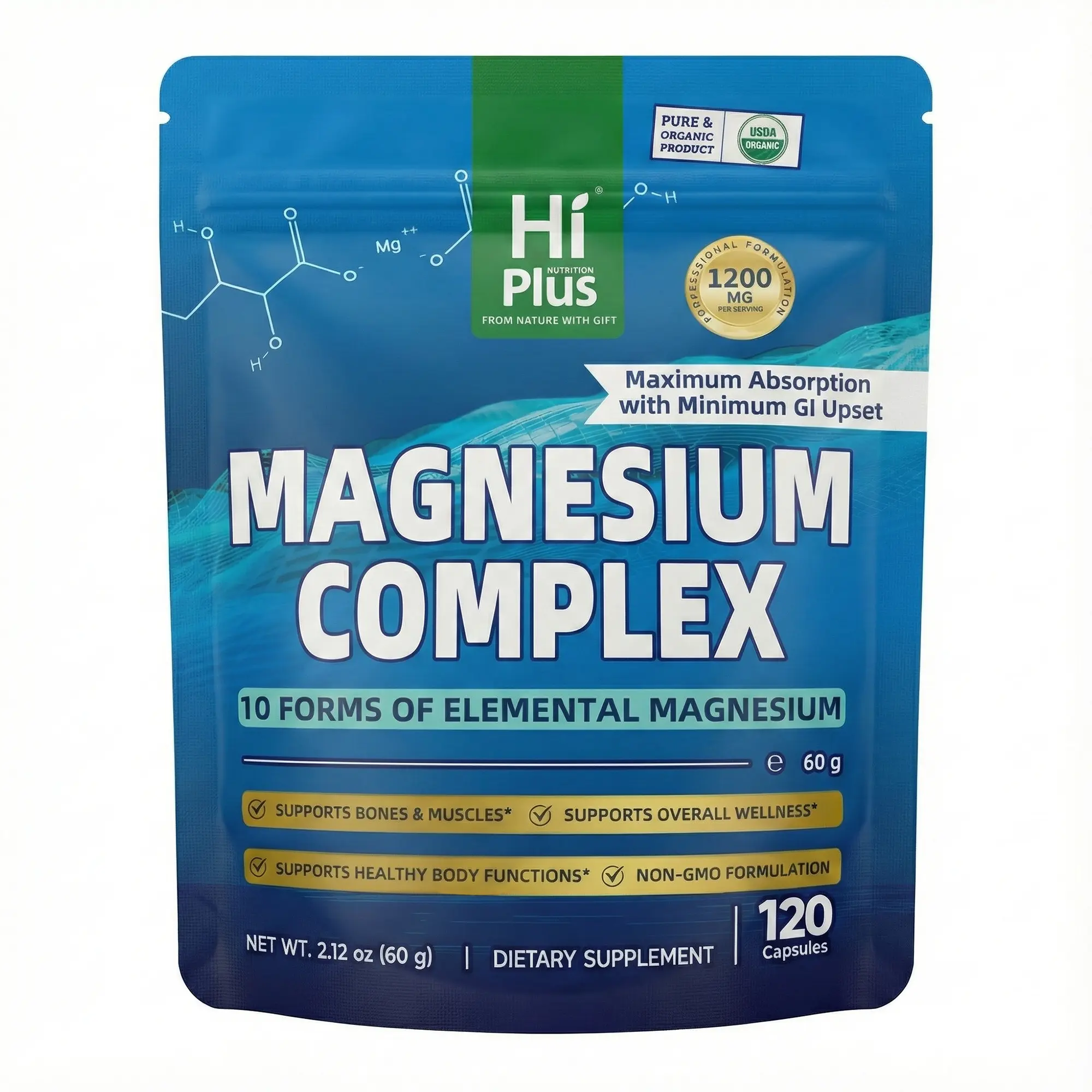 HiPlus Magnesium Complex 1200mg Dietary Natural Supplements - 10 Essential Forms, 120 Non-GMO Flavorless Capsules, Lactobacillus Prebiotic Blend, Digestive Enzymes, All Natural Mushroom, Optimum Absorption, B Vitamins, Lab Tested for Men & Women, Lab Test