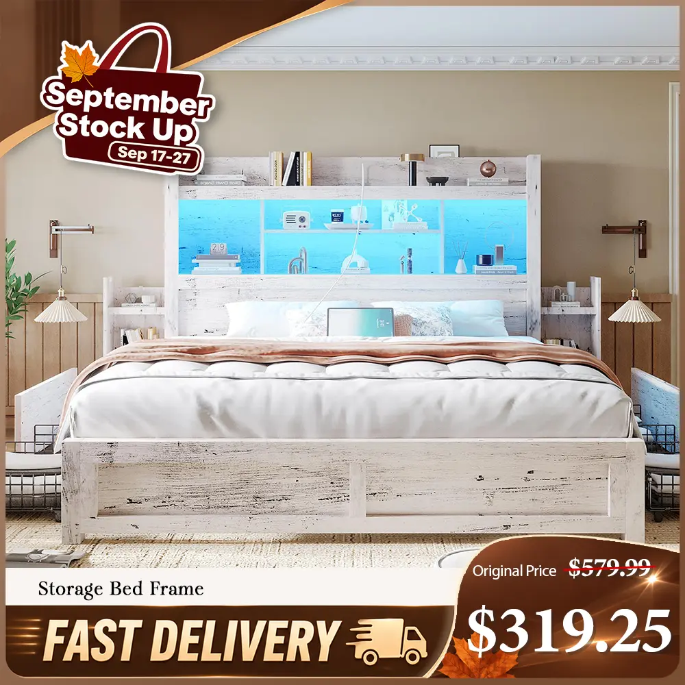 【Ships in 2 Boxes】AMERLIFE Farmhouse Wood Bed Frame with 49.6" Bookcase Headboard with Storage, 2 Bedside Storage Racks, 4 Drawers, RGB LED Lights, Charging Station (Ships in 2 Boxes) - Apartment Furniture, Christmas Gift Idea, Bed Frames #SohoChic