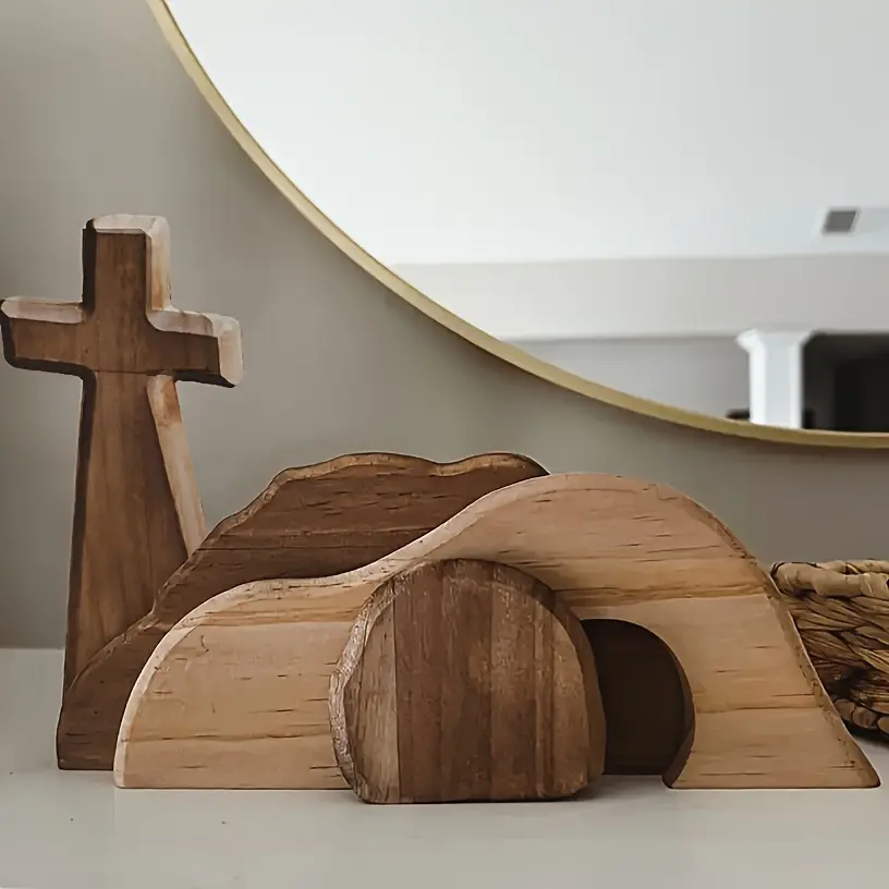 [Explosion] Wooden cross overhead tomb statue- very suitable for Easter decorations, home statue decorations, for holiday table decoration, Easter gifts