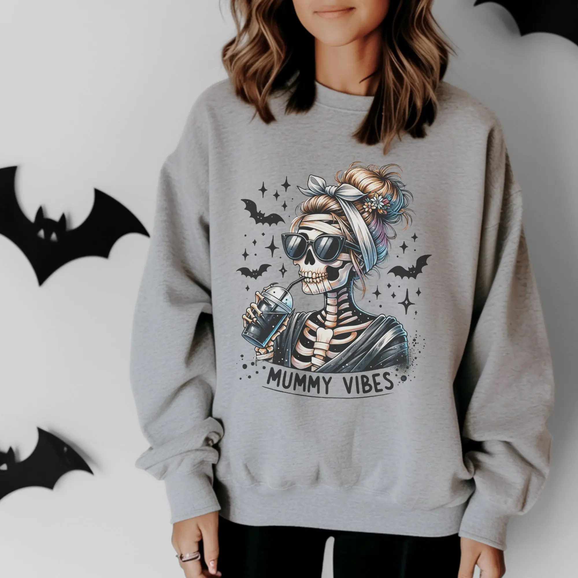 Mummy Vibes Sweatshirt - Ash Grey, Halloween Jersey, Everyday Soft Fabric Sweatshirt