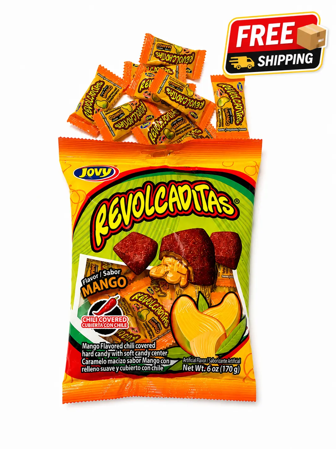 Revolcaditas Mango 6oz - Mango Flavored Hard Candy Covered in Chili - Sweet and Spicy Candy from Mexico