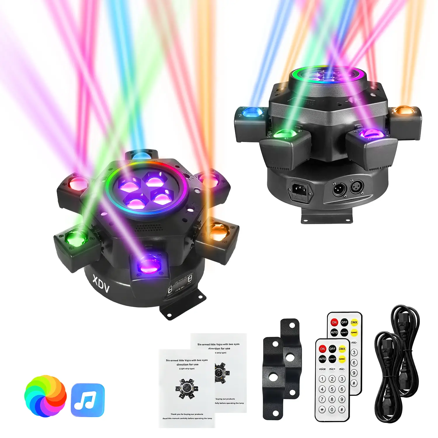 XDV 150W 6-Arm Moving Head DJ Stage Light - Super Bright, RGBW+Starry Mix, Starry Laser Lines, Programmable Colorful LED, RGB Effect, DMX-512, Sound Sync, Adjustable Intensity, Festive Decor for Parties, Weddings, Adjustable Light Intensity, Colorful Led