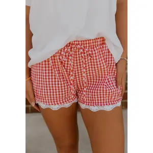 Red Gingham Plaid Tie Elastic Waist Lace Patchwork Hem Casual Shorts
