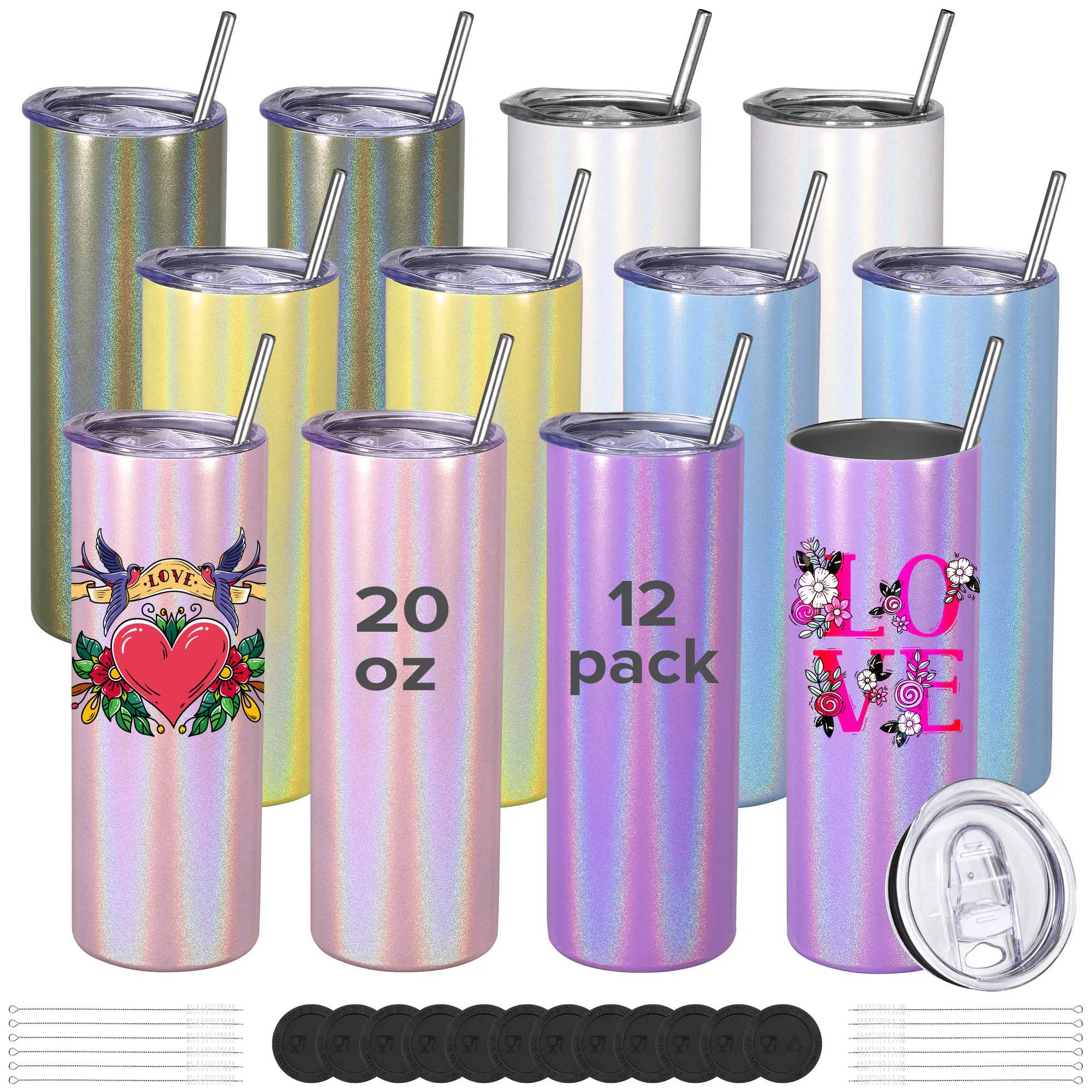 FASTSUB 12-Pack 20 oz Iridescent Holographic Sublimation Skinny Tumbler - BPA-Free Stainless Steel Double Wall Vacuum Insulated Water Bottle, Custom Print DIY Gift Container with Gift Box, Shrink Wrap, Lid (Ideal for Cold Drinks & Group Sharing), Custom P