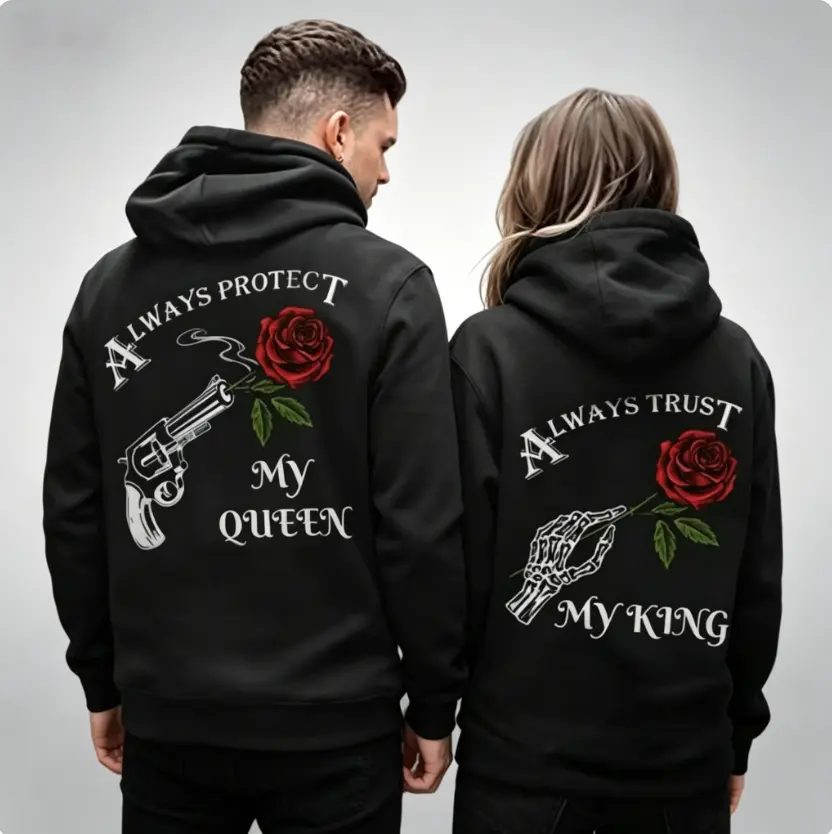 Couple's Cute Graphic Hoodie with King & Queen Print, Matching Cotton Loungewear, Long Sleeve Valentines Day Outfit Inspiration