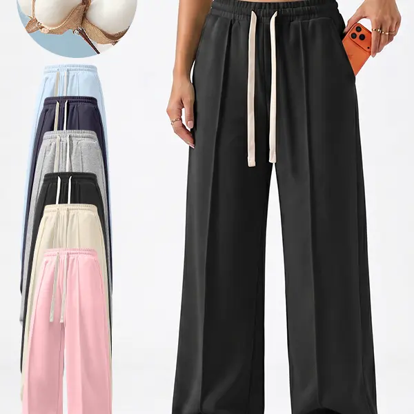 Women's Baggy Solid Color Drawstring Oversized Pants - All-Seasons Comfy Bottoms with 3D Split Seam, Phone+Keys Pockets, Sleek Drape, Casual Loose-Fit Minimalist Basics for Daily Wear Layering