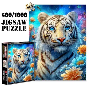 1pc 1000 piece adult puzzle 70x50cm Tiger with Blue Eyes Surrounded by Flowers and Butterflies500 pieces paper jigsaw puzzle suitable for DIY creative games for adults and families, birthday and holi