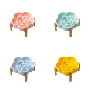 Ceramic Slow Feeder Bowl for Dogs, Anti-Choke Medium Large Dog Food Bowl, Cat Bowl with Wooden Stand, Pets Water Bowl, Elevated Bowl, Easy to Clean