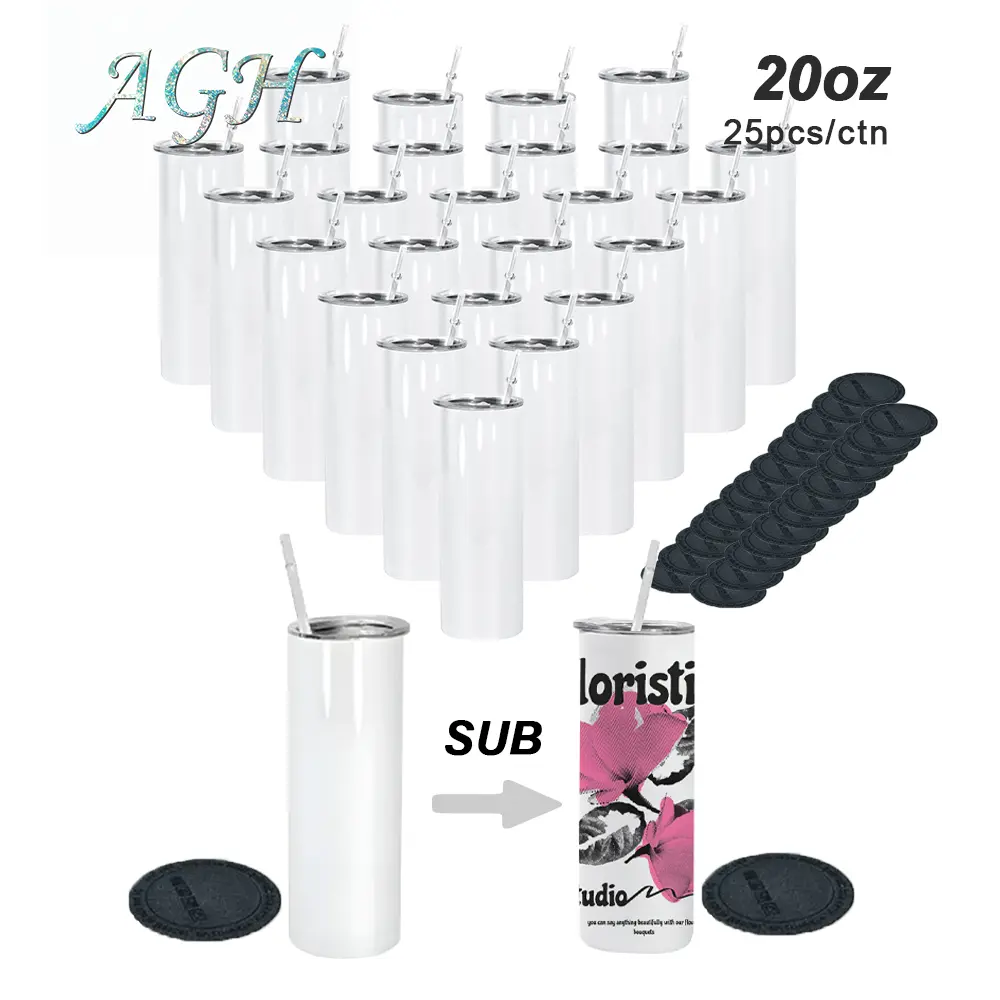 25 Pack 20oz Sublimation Straight Skinny Tumblers Blank with plastic straw and rubber buttom stainless steel insulated coffee mug