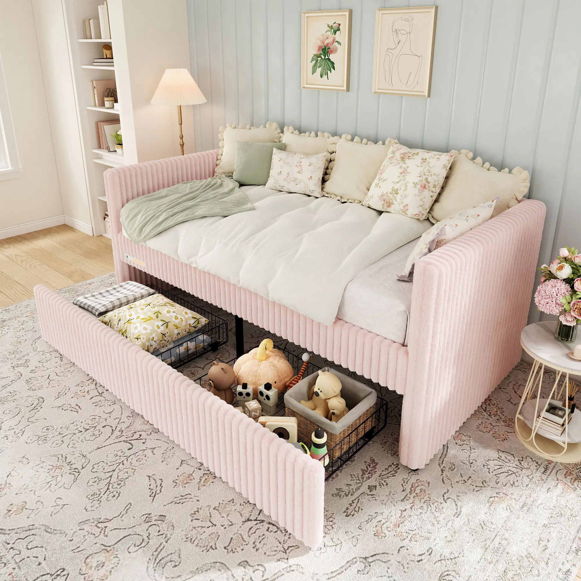 [Summersale] ALBOTT Twin Size Corduroy Upholstered Storage Bed Frame - Stable, Pull Out Daybed with 2 Storage Drawers, Bedside Pocket, USB Port Charging Function, Night Light, Easy Assembly, No Box Spring Needed, for Living Room, Bedroom