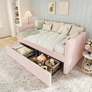 [Summervibes] [Memorialday] ALBOTT Twin Size Corduroy Daybed with 2 Storage Drawers & Bedside Pocket, Upholstered Day Bed Frame with Charging & Night Light, Easy Assembly, No Box Spring Needed, for Living Room, Bedroom