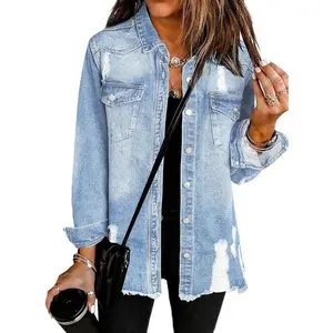 Women's Oversized Denim Jacket Casual Long Sleeve Denim Shirt Distressed Denim Jacket 2025 Spring Clothing Tops Blue Womenswear Coats