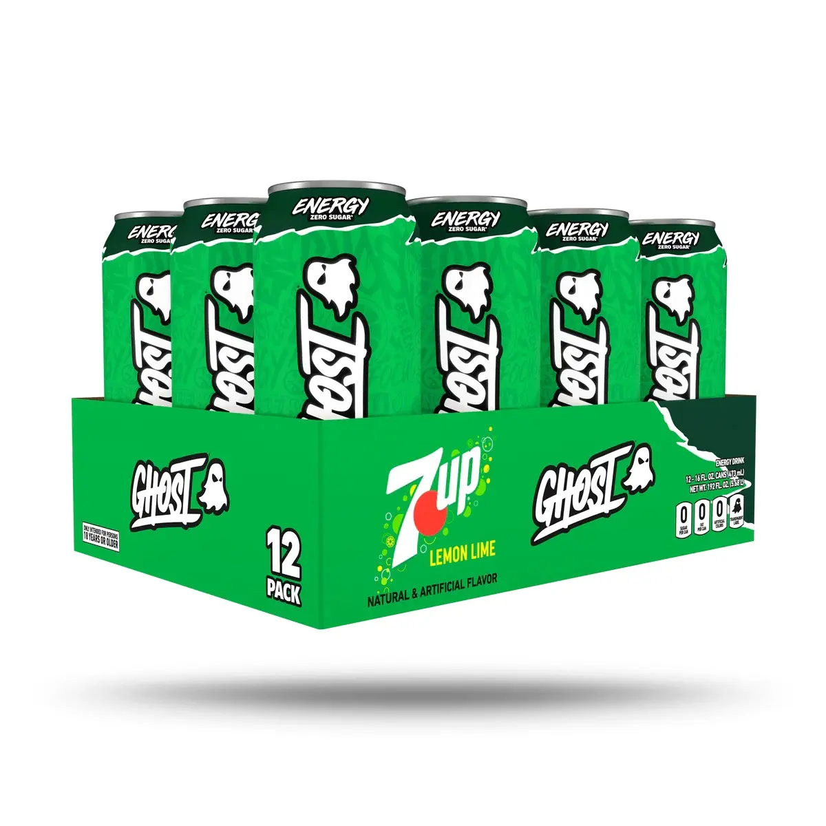 Ghost x 7UP Lemon Lime 0 Sugar Caffeinated Energy Drinks, 16 fl oz (473 mL) 12-Pack, Sport Beverage