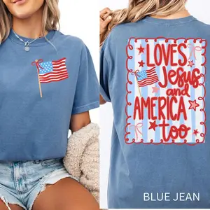 Loves Jesus and America Too Shirt, 4th of July Comfort Colors Patriotic Coquette Bow Tee American Flag Shirt USA Preppy Red White Blue Shirt