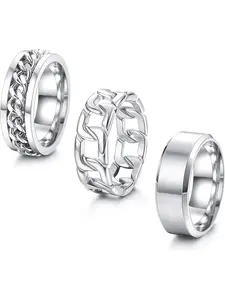 3Pcs Stainless Steel Silver Rings for Men Women Stainless Steel Plain Band Ring Cuban Link Chain Rings Spinner Ring Men's Promise Wedding Rings Set Size 6-14
