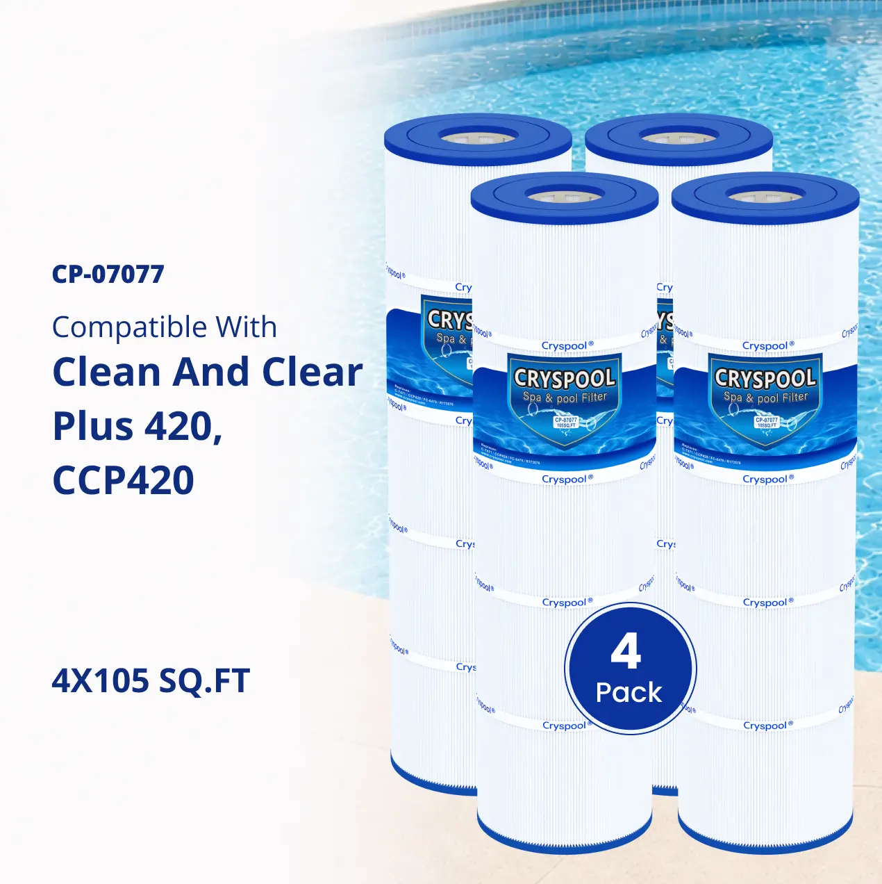 CCP420 Filter Compatible with Clean and Clear Plus 420, CCP420, R173576, PCC105-PAK4570-0425-07, C-7471, 178584, FC-6470, 817-0106, Cryspool 4x105sq.Ft Pool Filter Cartridges, 4 Pack
