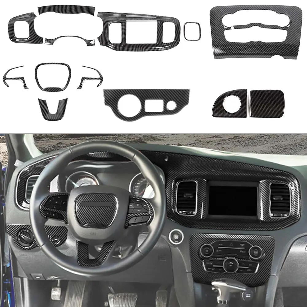 High-Quality ABS 13-Pieces Car Interior Decoration Trim Kit, Includes Decorative Covers & Center Console Box Cover, Car Accessories for 2015+ Dodge Charger, Automotive Interior Molding, Father's Day Gift