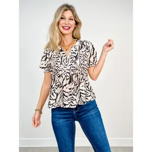 Printed Short Sleeve Top with Pintuck Details