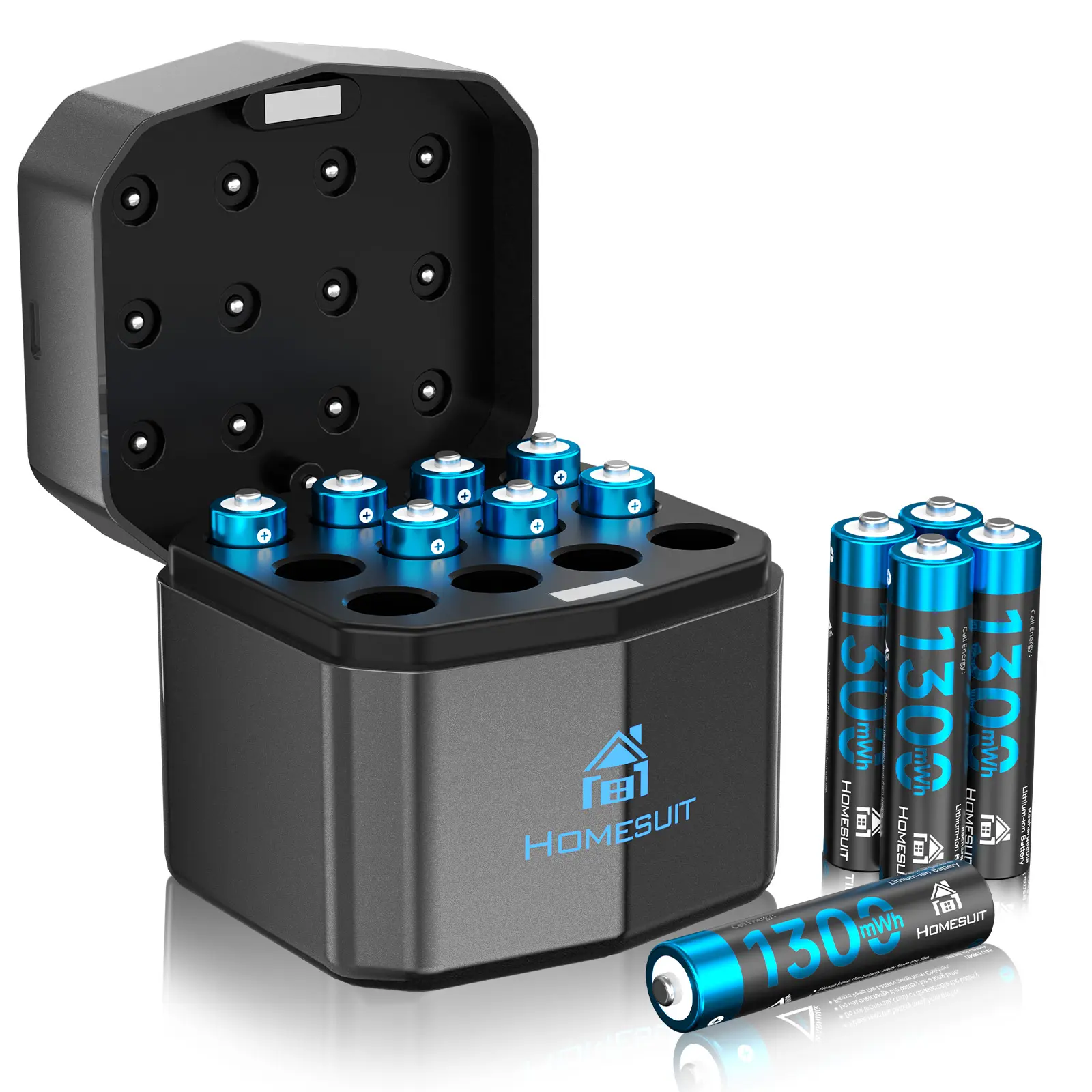 Homesuit 12-Pack Rechargeable Lithium AAA Batteries with 12-Bay Charger, 1300mWh Long-Lasting, 1.5V Output, Up to 1600 Cycles