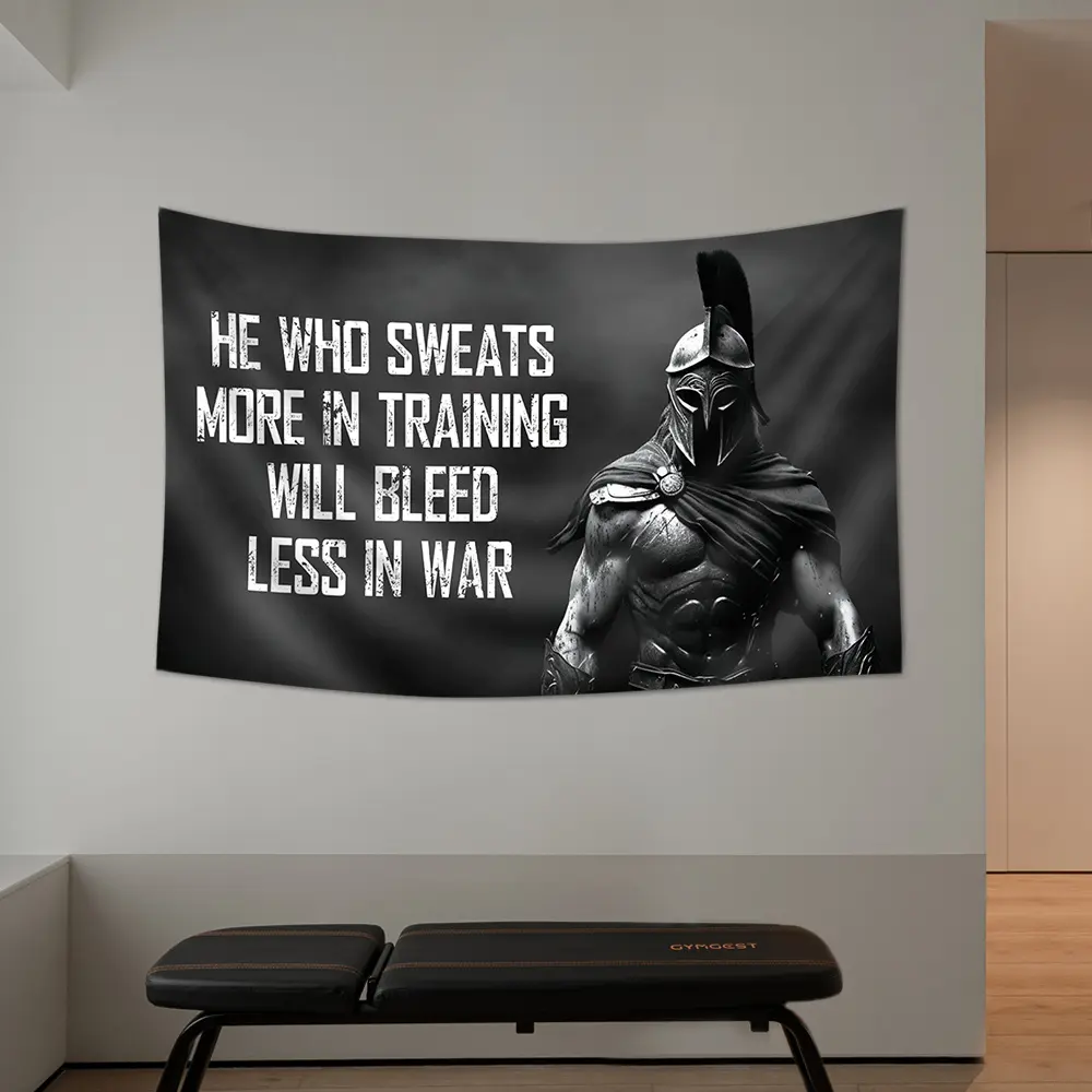 1Pc Spartan War Flag Tapestry - Indoor Room Wall Decor, Decorative Hanging with "Sweat More in Training, Bleed Less in Battle" Slogan, Spartan Helmet & Spear Print, Detachable Easy-Install Fade-Resistant for Home Gym (Do Not Dry Clean), Indoors, Vintage,