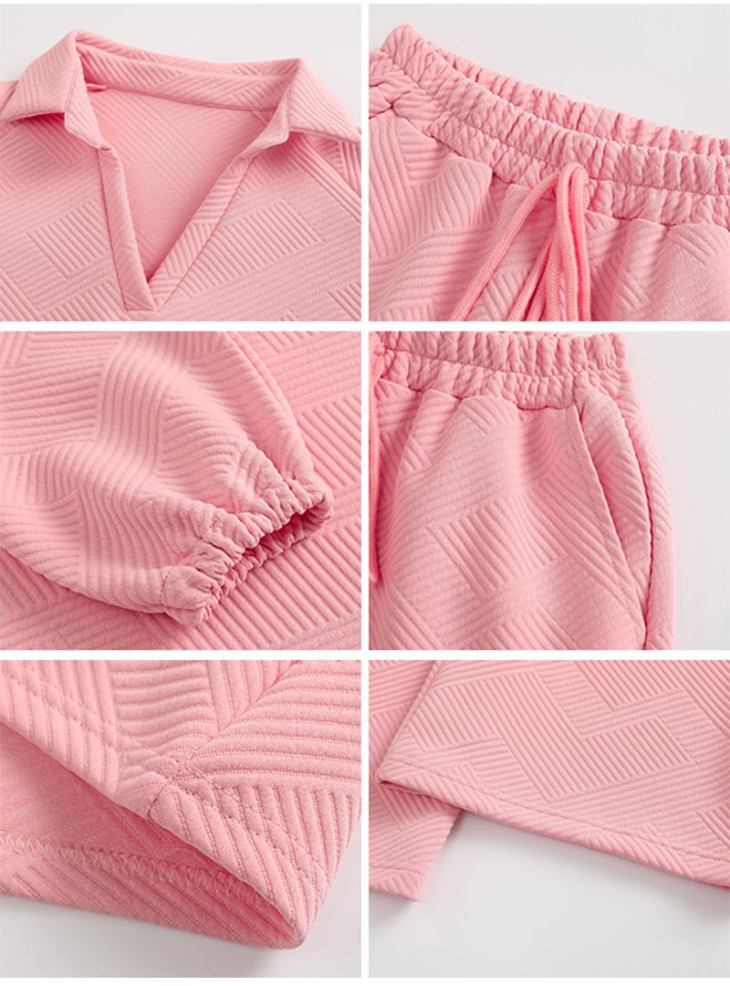 Cozy 2 Piece Jacquard Loungewear Set for Women Oversized V Neck Top & Wide Leg Pants Casual Comfy Sweatsuit for Daily Wear