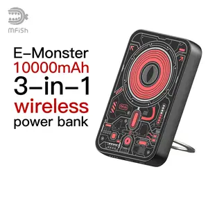 mfish E-Monster 10000 mAh 3-in-1 Foldable Wireless Power Bank,20W USB-C Power Delivery with Stand,Magsafe-Compatible for iPhone 16/15/14/13/12 Series