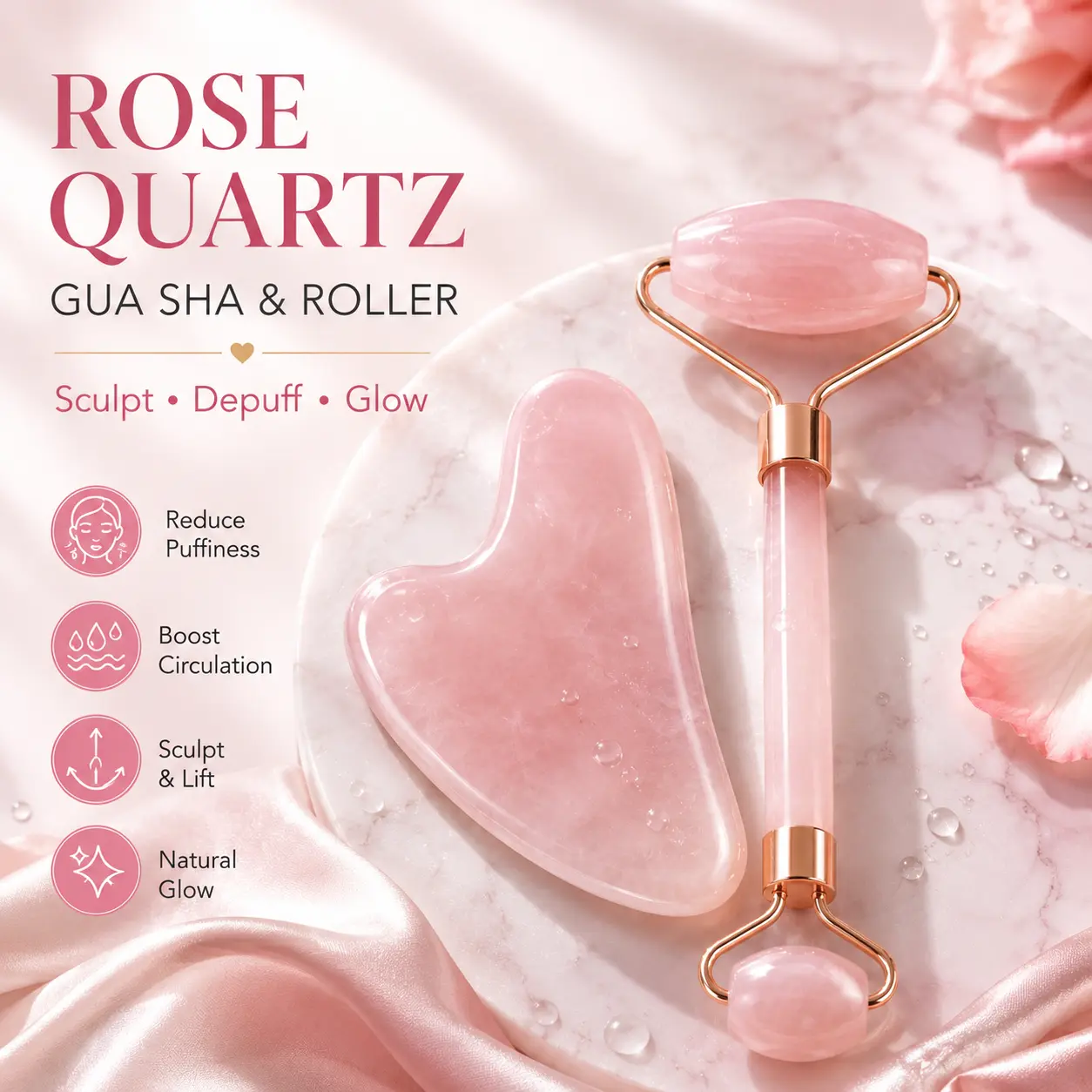Rose Quartz Gua Sha & Facial Roller Set - Skincare Tool for Depuffing, Sculpting, Glowing Skin | Ideal for Self-Care Beauty Routine #BeautyTok #TikTokMadeMeBuyIt