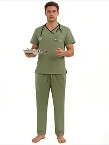 Men Short Sleeve Split Scrubs Set Plain M-edical Workwear D-ental Clinic Doctor Uniform Hospital Wear