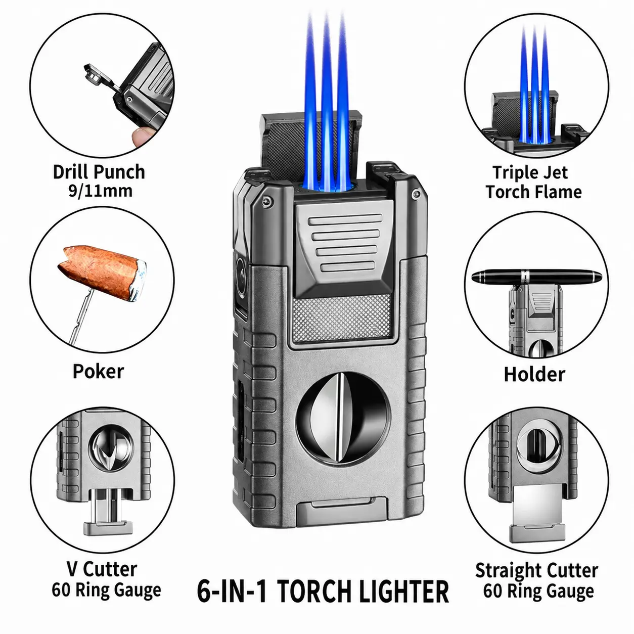 6-In-1 Triple Flame Windproof Adjustable Lighter(Without Butane) – Perfect For Home & Outdoor Camping,Great Gift For Boyfriend, Father, Or Male Friends, Business Gift Choice, Comes With Beautiful Gift Box