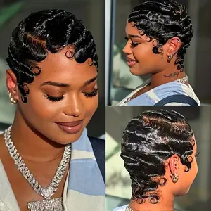 [New Finger Wave] SUNTUHAIR 13x4 HD Lace Pixie Cut Wigs Human Hair for Black Women Short Pin Curls Finger Wave Wig 13x4 Lace Frontal Short wig Lightweight Pre-Plucked Brazilian Virgin Human Hair Layered Pixie Wig