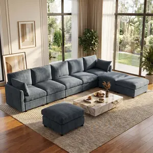 Tbfit Modular Sectional Cloud Couch - 5-Seater Chenille Deep-Seat Sofa with 3 Movable Ottomans, Spring Cushions, Flexible Layout, Stylish Design for Living Room, Grey Indoor Furniture Lounge